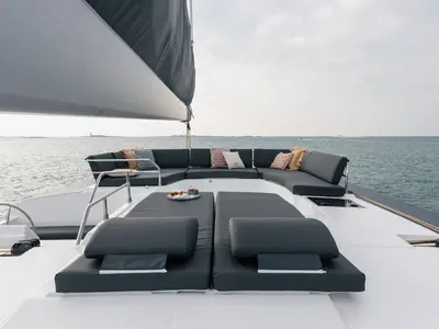 Deck of Le Grand Bogavant, a Fountaine Pajot Aura 51 catamaran at Sant Antoni de Portmany, Spain