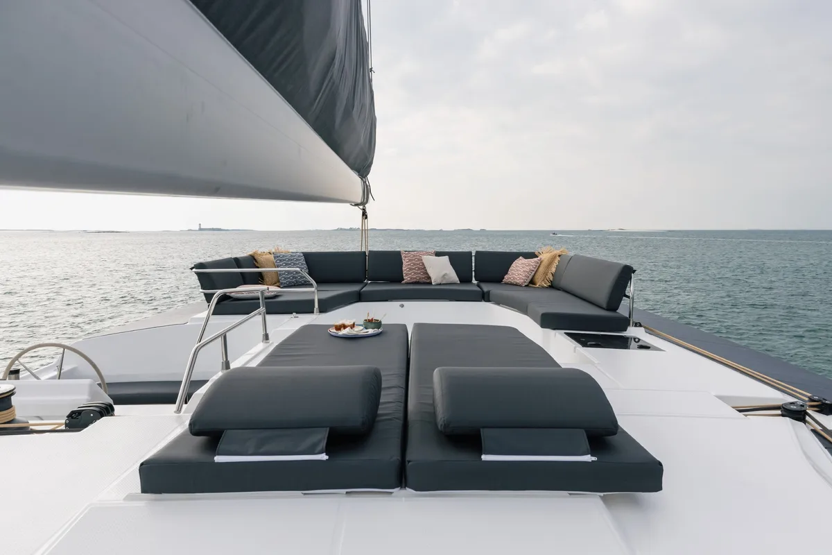 Deck of Le Grand Bogavant, a Fountaine Pajot Aura 51 catamaran at Sant Antoni de Portmany, Spain