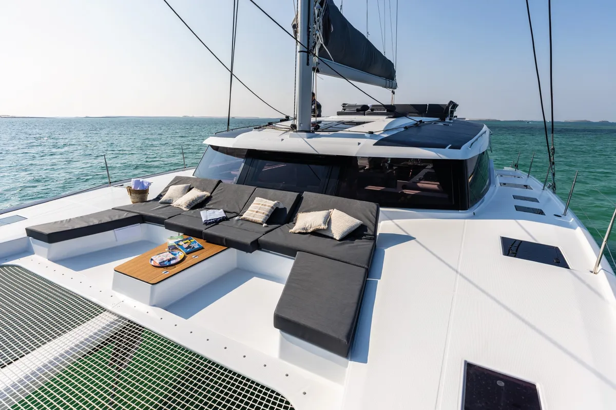 Deck of Le Grand Bogavant, a Fountaine Pajot Aura 51 catamaran at Sant Antoni de Portmany, Spain