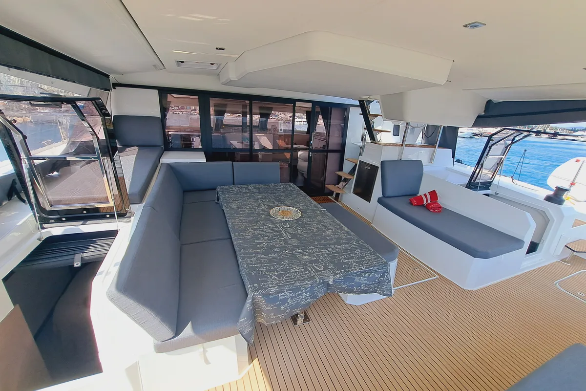 Deck of Le Grand Bogavant, a Fountaine Pajot Aura 51 catamaran at Sant Antoni de Portmany, Spain