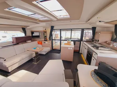 Salon of Le Grand Bogavant, a Fountaine Pajot Aura 51 catamaran at Sant Antoni de Portmany, Spain