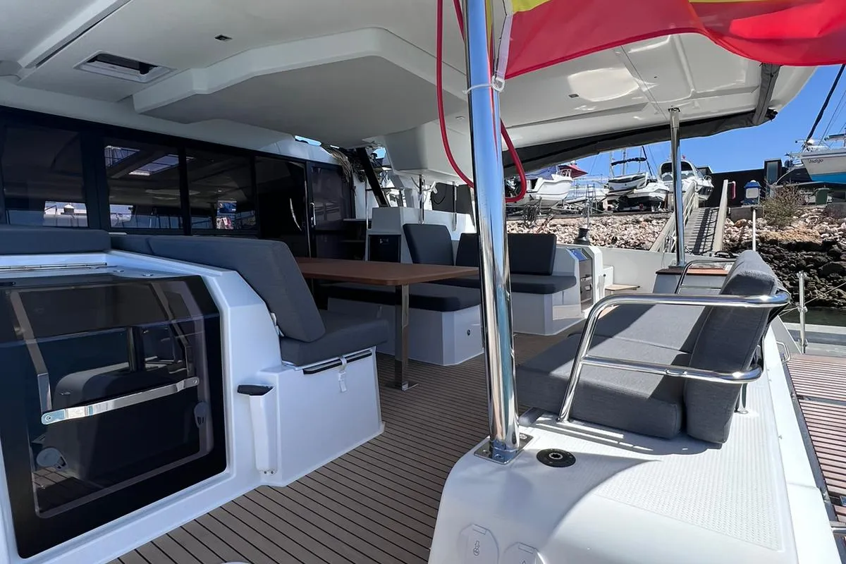 Deck of Le Grand Bogavant, a Fountaine Pajot Aura 51 catamaran at Sant Antoni de Portmany, Spain