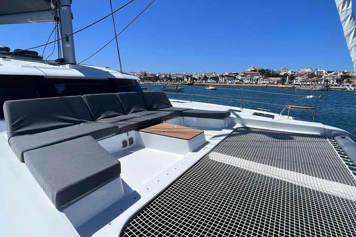 Deck of Le Grand Bogavant, a Fountaine Pajot Aura 51 catamaran at Sant Antoni de Portmany, Spain