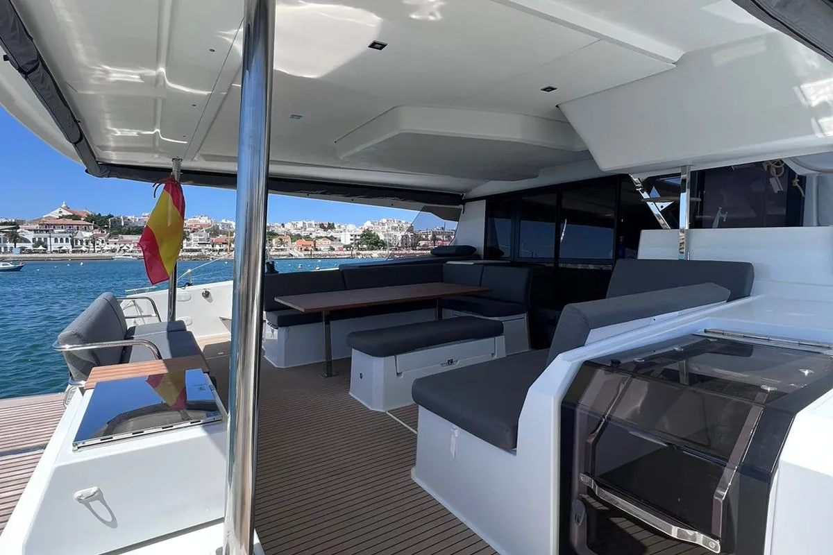 Deck of Le Grand Bogavant, a Fountaine Pajot Aura 51 catamaran at Sant Antoni de Portmany, Spain