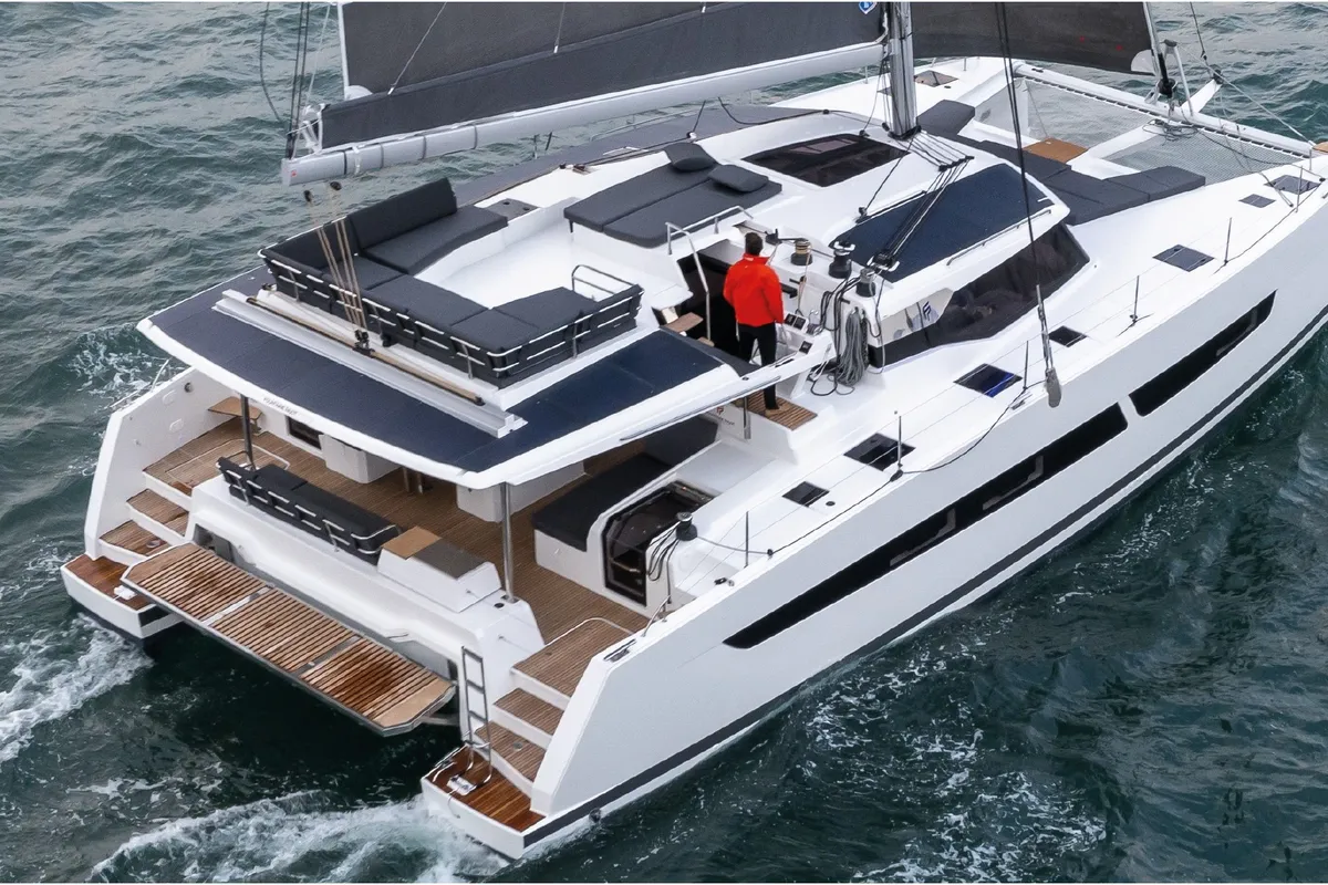 Exterior view of Le Grand Bogavant, a Fountaine Pajot Aura 51 catamaran at Sant Antoni de Portmany, Spain