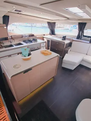 Galley of Le Grand Bogavant, a Fountaine Pajot Aura 51 catamaran at Sant Antoni de Portmany, Spain