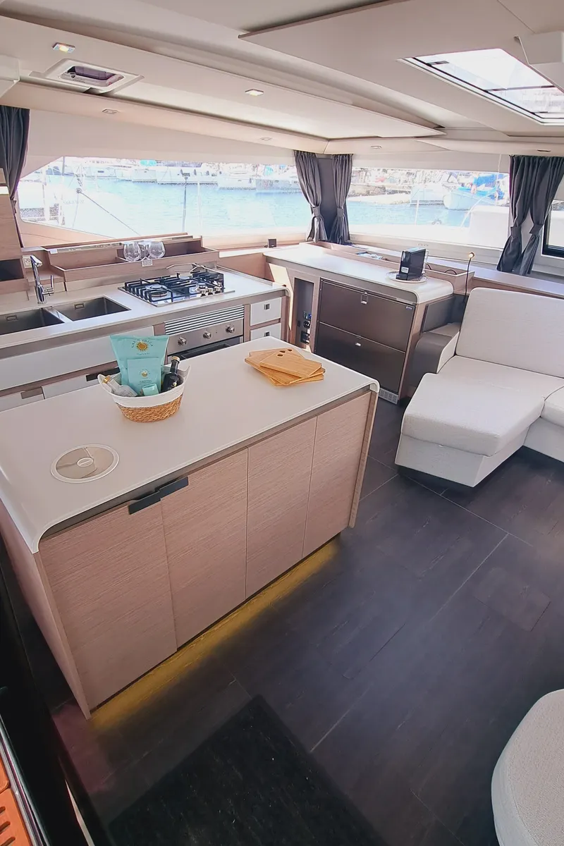 Galley of Le Grand Bogavant, a Fountaine Pajot Aura 51 catamaran at Sant Antoni de Portmany, Spain