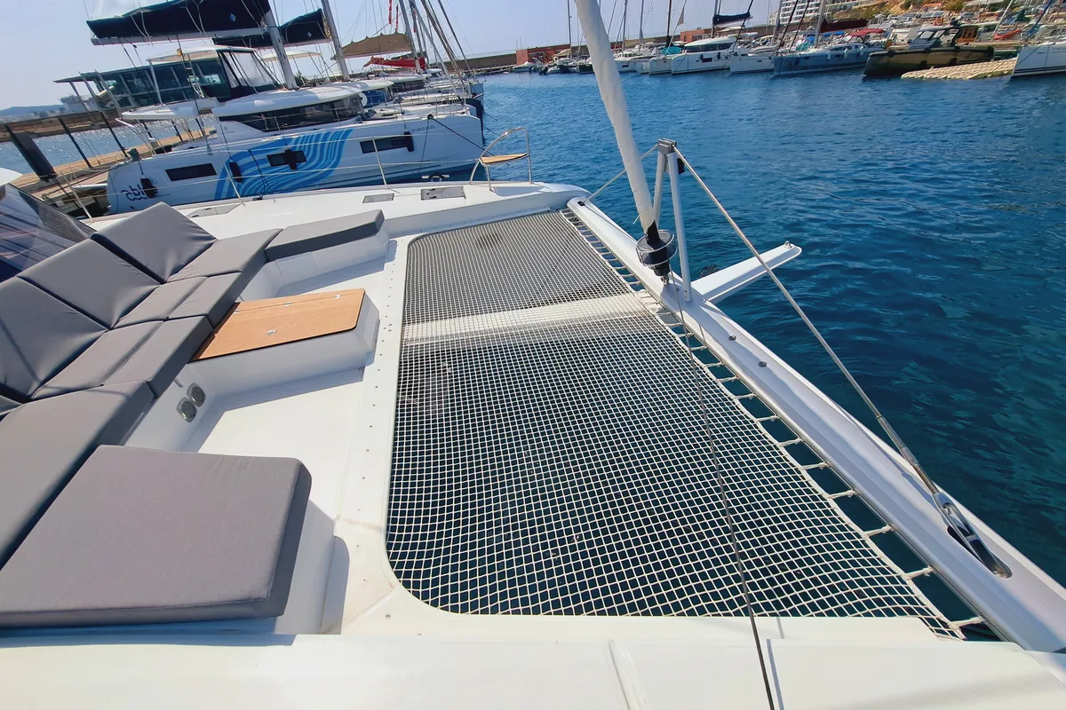 Deck of Le Grand Bogavant, a Fountaine Pajot Aura 51 catamaran at Sant Antoni de Portmany, Spain