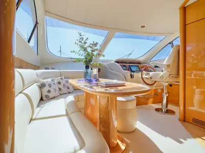 Cockpit of Lady L, a Gulet Altamar 64 motor yacht at Athens, Greece