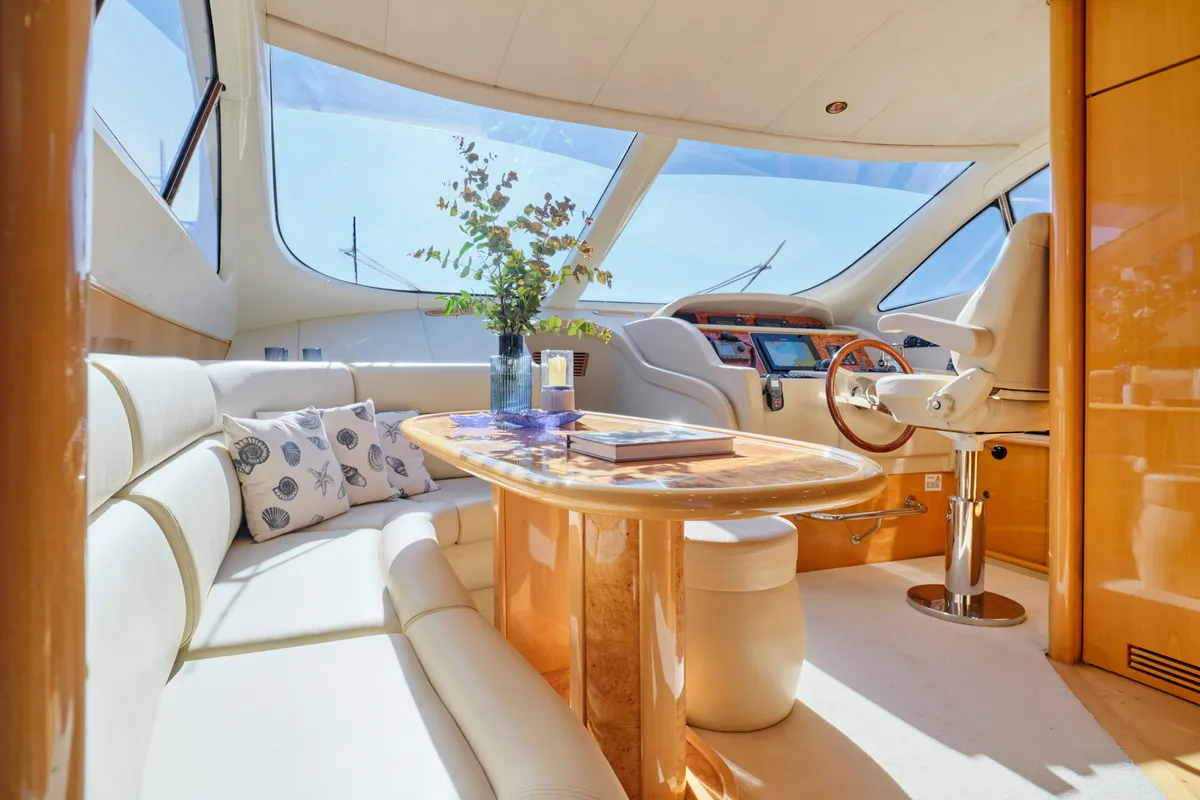 Cockpit of Lady L, a Gulet Altamar 64 motor yacht at Athens, Greece