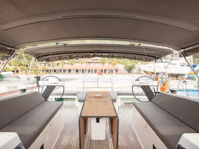 Cockpit of Sarpico, a Dufour 470 sailboat at Marmaris, Turkey