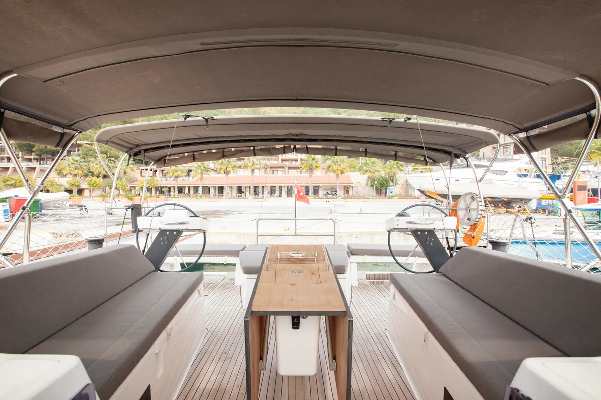 Cockpit of Sarpico, a Dufour 470 sailboat at Marmaris, Turkey