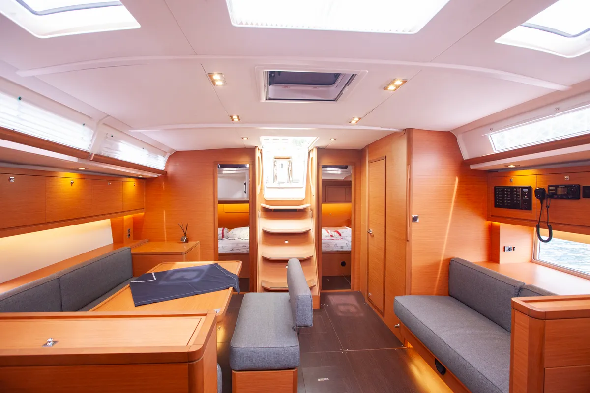 Salon of Sarpico, a Dufour 470 sailboat at Marmaris, Turkey