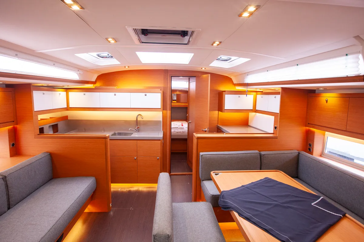 Salon of Sarpico, a Dufour 470 sailboat at Marmaris, Turkey