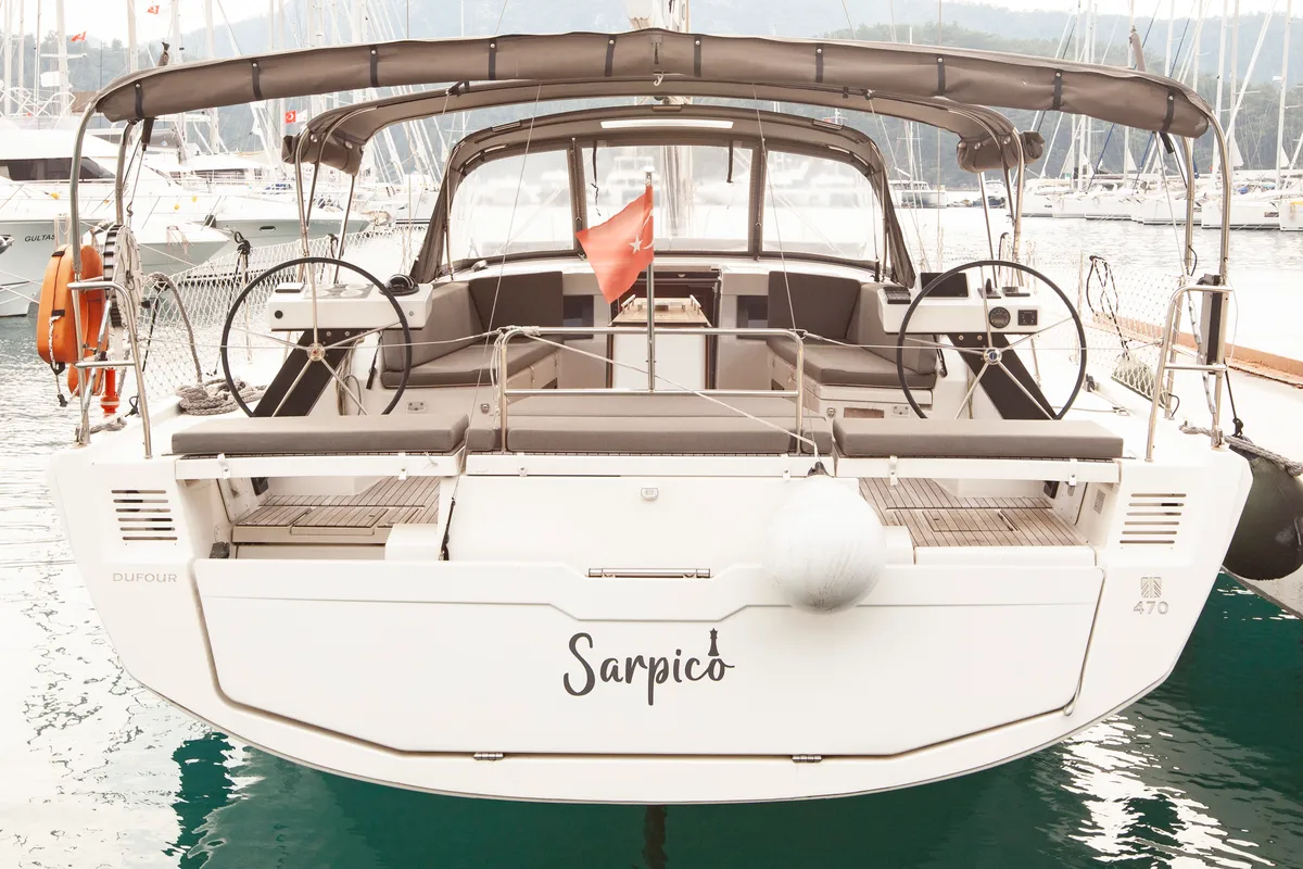 Exterior view of Sarpico, a Dufour 470 sailboat at Marmaris, Turkey