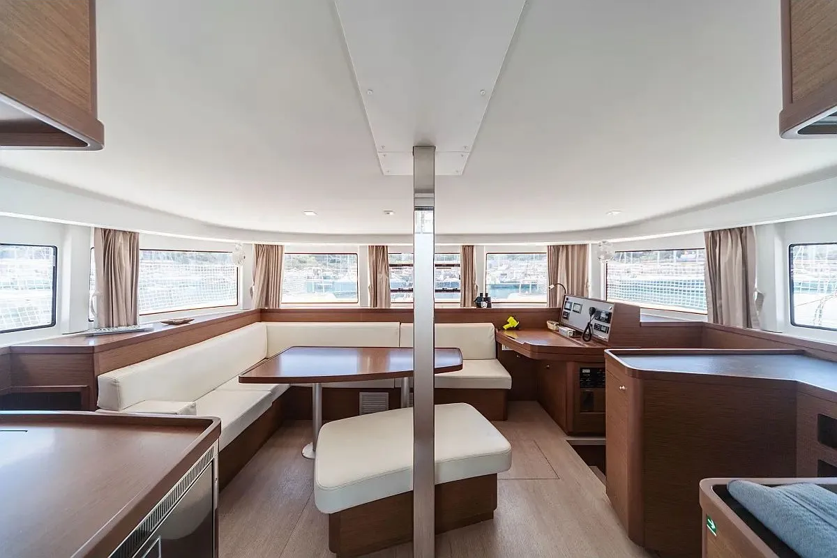 Salon of Sharanda, a Lagoon 42 catamaran at Capo d'Orlando, Italy