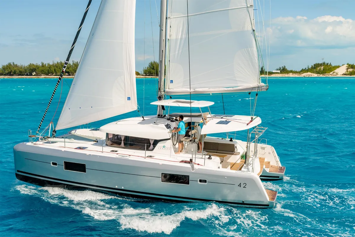 Exterior view of Sharanda, a Lagoon 42 catamaran at Capo d'Orlando, Italy