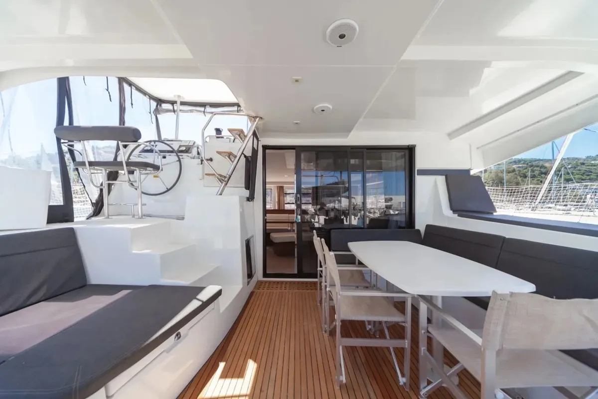 Deck of Sharanda, a Lagoon 42 catamaran at Capo d'Orlando, Italy