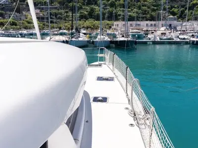 Deck of Sharanda, a Lagoon 42 catamaran at Capo d'Orlando, Italy