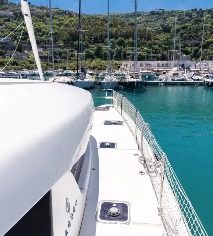 Deck of Sharanda, a Lagoon 42 catamaran at Capo d'Orlando, Italy