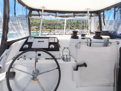 Cockpit of Sharanda, a Lagoon 42 catamaran at Capo d'Orlando, Italy