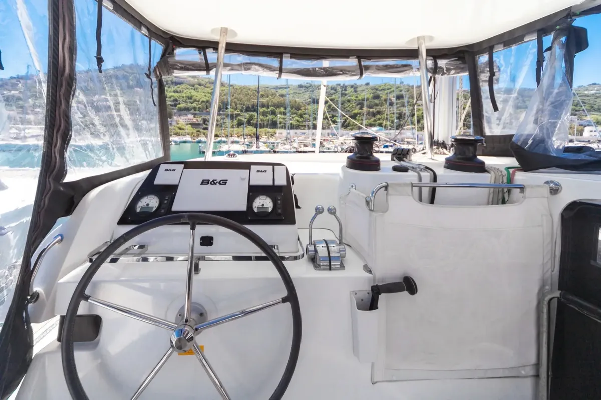 Cockpit of Sharanda, a Lagoon 42 catamaran at Capo d'Orlando, Italy