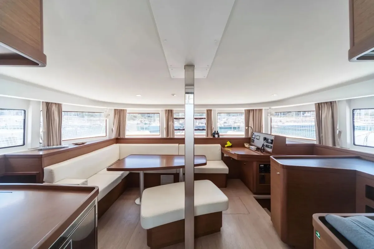 Salon of Sharanda, a Lagoon 42 catamaran at Capo d'Orlando, Italy