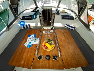 Deck of Fots, a Beneteau Oceanis 40.1 sailboat at Municipal Unit of Palairos, Greece
