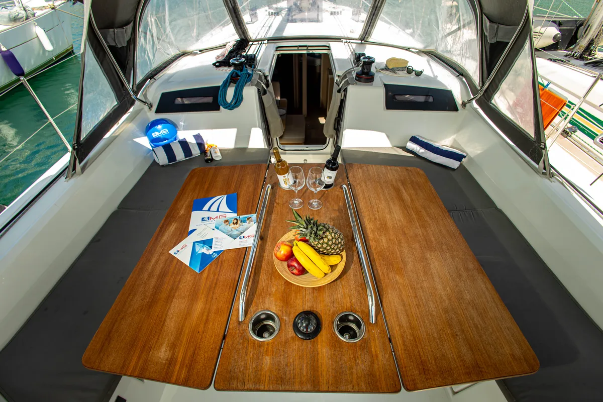 Deck of Fots, a Beneteau Oceanis 40.1 sailboat at Municipal Unit of Palairos, Greece
