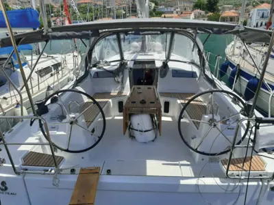 Cockpit of Fots, a Beneteau Oceanis 40.1 sailboat at Palairos, Greece