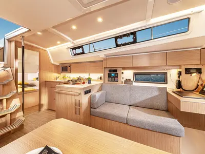 Salon of Mister Jones, a Bavaria C38 sailboat at Portoferraio, Italy