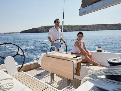 Cockpit of Mister Jones, a Bavaria C38 sailboat at Portoferraio, Italy