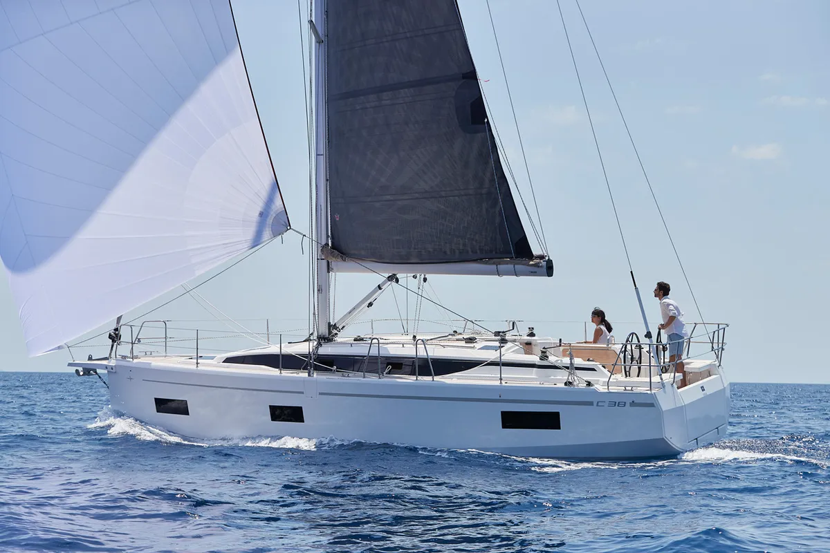 Exterior view of Mister Jones, a Bavaria C38 sailboat at Portoferraio, Italy