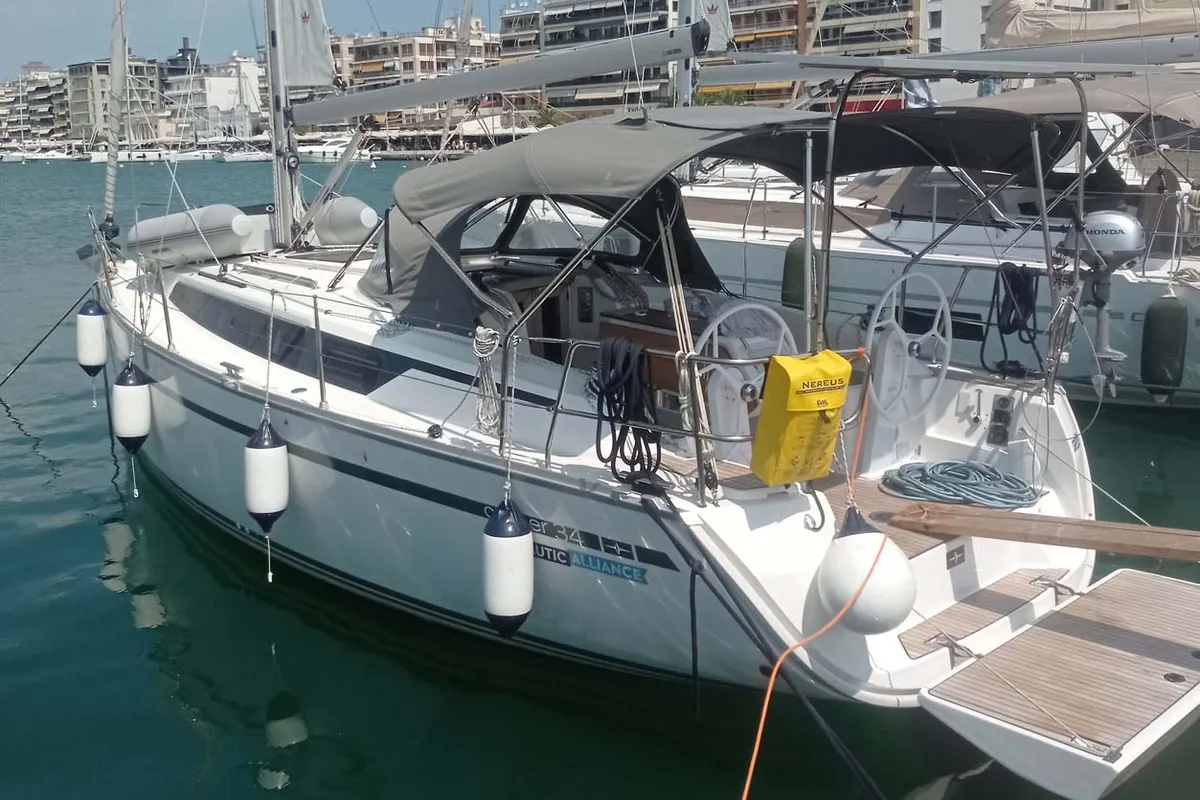 Exterior view of Licence to chill, a Bavaria Cruiser 34 sailboat at Volos Municipality, Greece