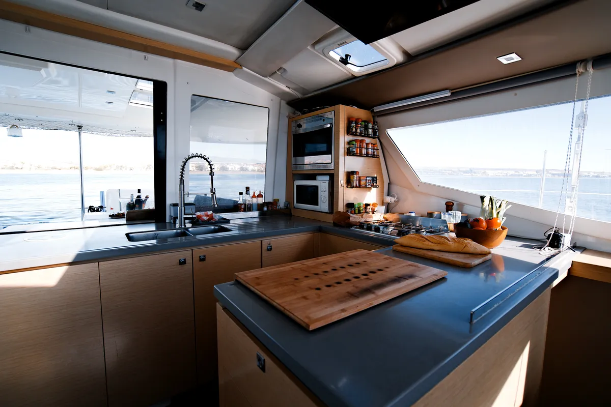 Kyra, a Fountaine Pajot Helia 44 catamaran at Sant Antoni de Portmany, Spain