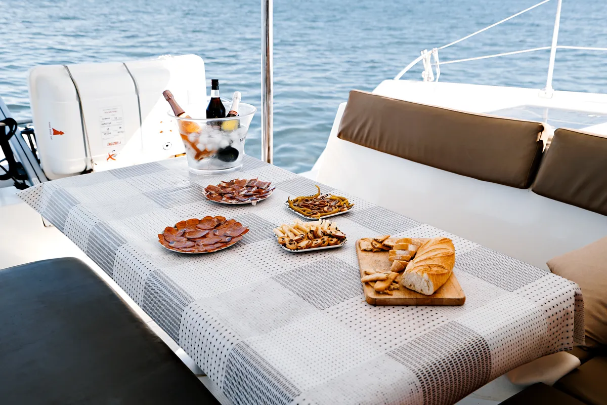 Kyra, a Fountaine Pajot Helia 44 catamaran at Sant Antoni de Portmany, Spain