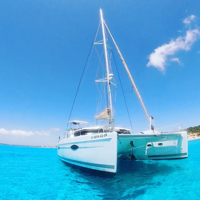 Kyra, a Fountaine Pajot Helia 44 catamaran at Sant Antoni de Portmany, Spain