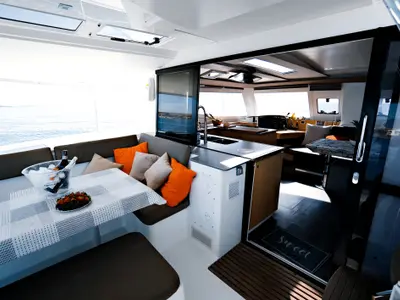 Salon of Kyra, a Fountaine Pajot Helia 44 catamaran at Sant Antoni de Portmany, Spain
