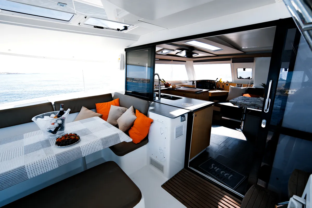 Kyra, a Fountaine Pajot Helia 44 catamaran at Sant Antoni de Portmany, Spain