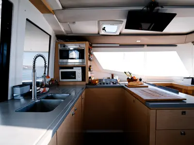 Kyra, a Fountaine Pajot Helia 44 catamaran at Sant Antoni de Portmany, Spain