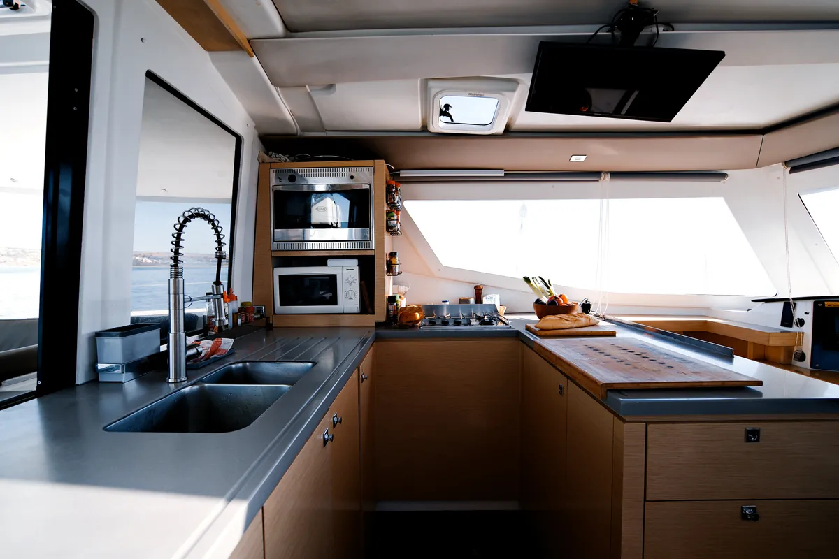 Kyra, a Fountaine Pajot Helia 44 catamaran at Sant Antoni de Portmany, Spain