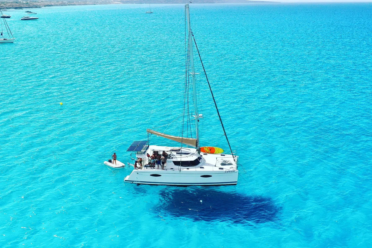 Kyra, a Fountaine Pajot Helia 44 catamaran at Sant Antoni de Portmany, Spain