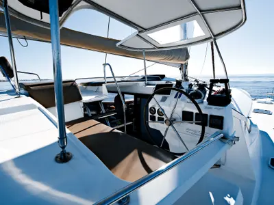 Cockpit of Kyra, a Fountaine Pajot Helia 44 catamaran at Sant Antoni de Portmany, Spain