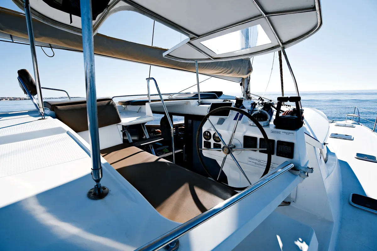 Kyra, a Fountaine Pajot Helia 44 catamaran at Sant Antoni de Portmany, Spain