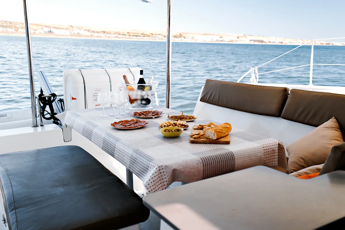 Kyra, a Fountaine Pajot Helia 44 catamaran at Sant Antoni de Portmany, Spain