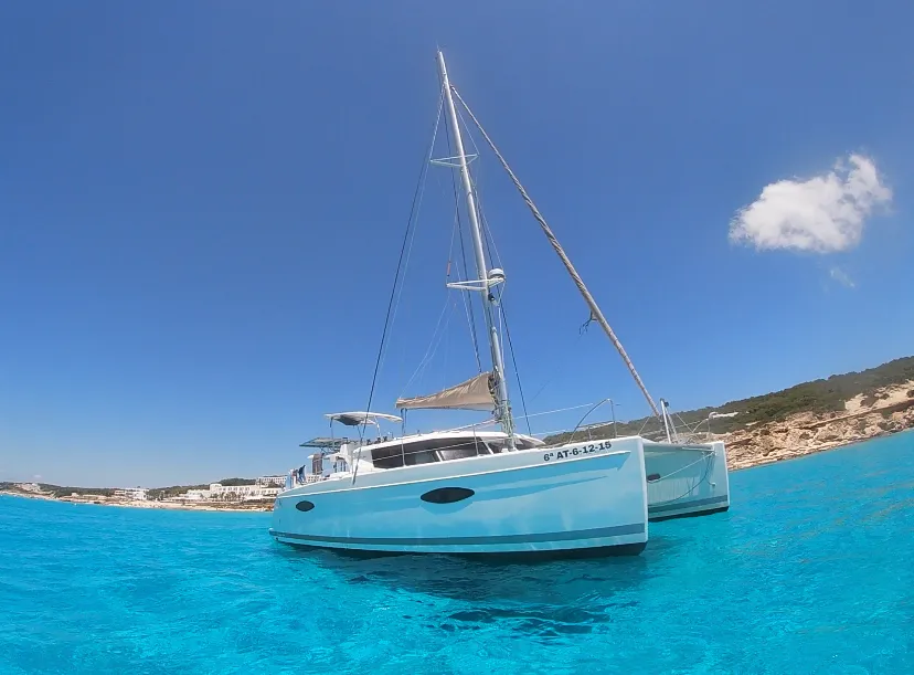 Kyra, a Fountaine Pajot Helia 44 catamaran at Sant Antoni de Portmany, Spain