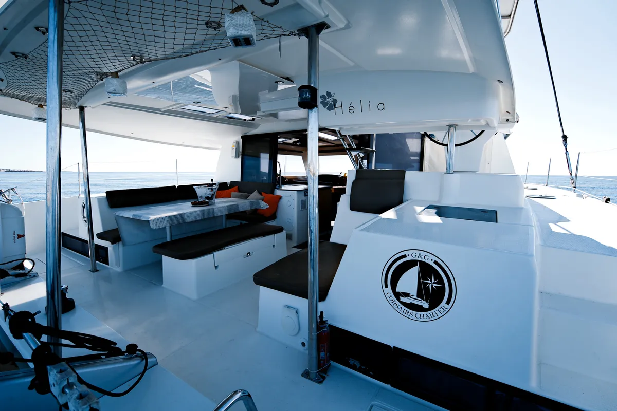 Kyra, a Fountaine Pajot Helia 44 catamaran at Sant Antoni de Portmany, Spain