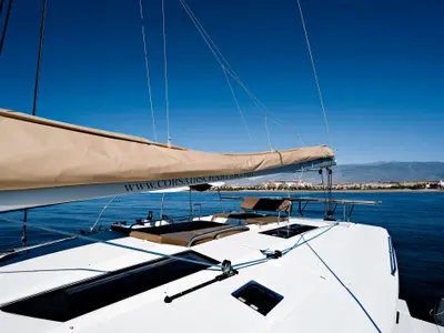Kyra, a Fountaine Pajot Helia 44 catamaran at Sant Antoni de Portmany, Spain