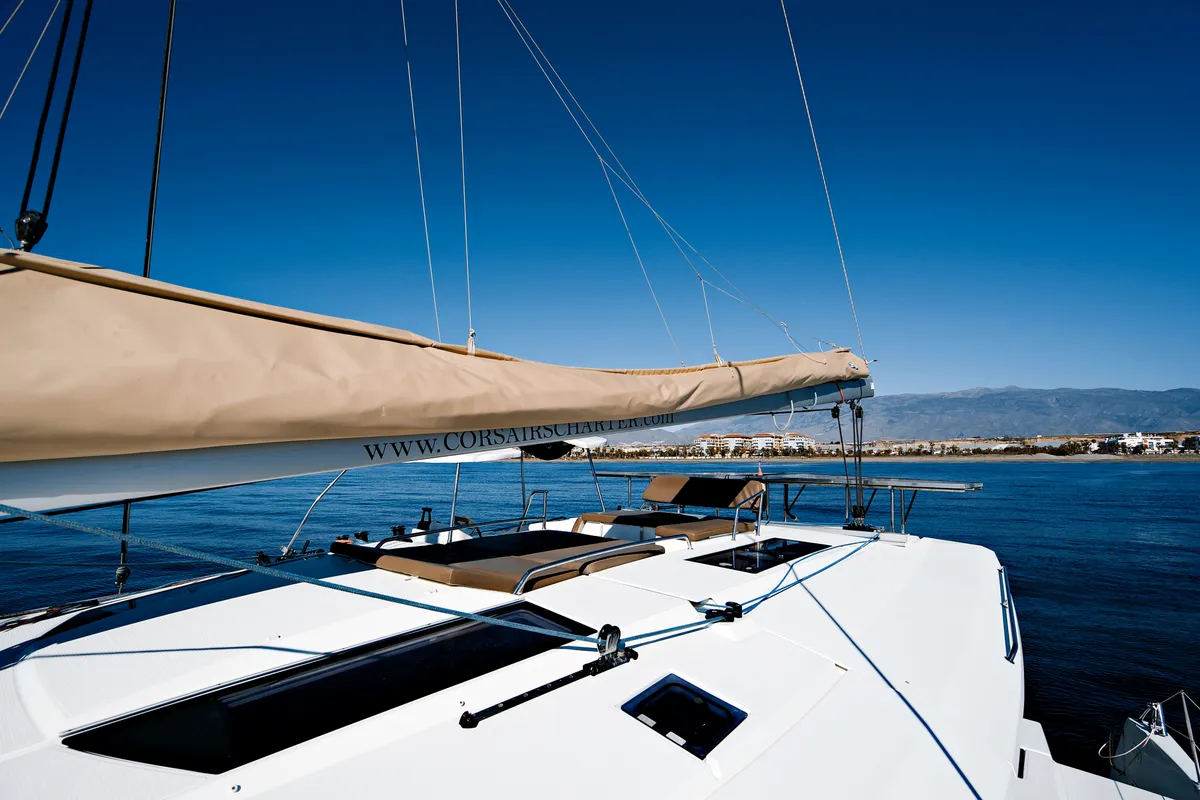 Kyra, a Fountaine Pajot Helia 44 catamaran at Sant Antoni de Portmany, Spain
