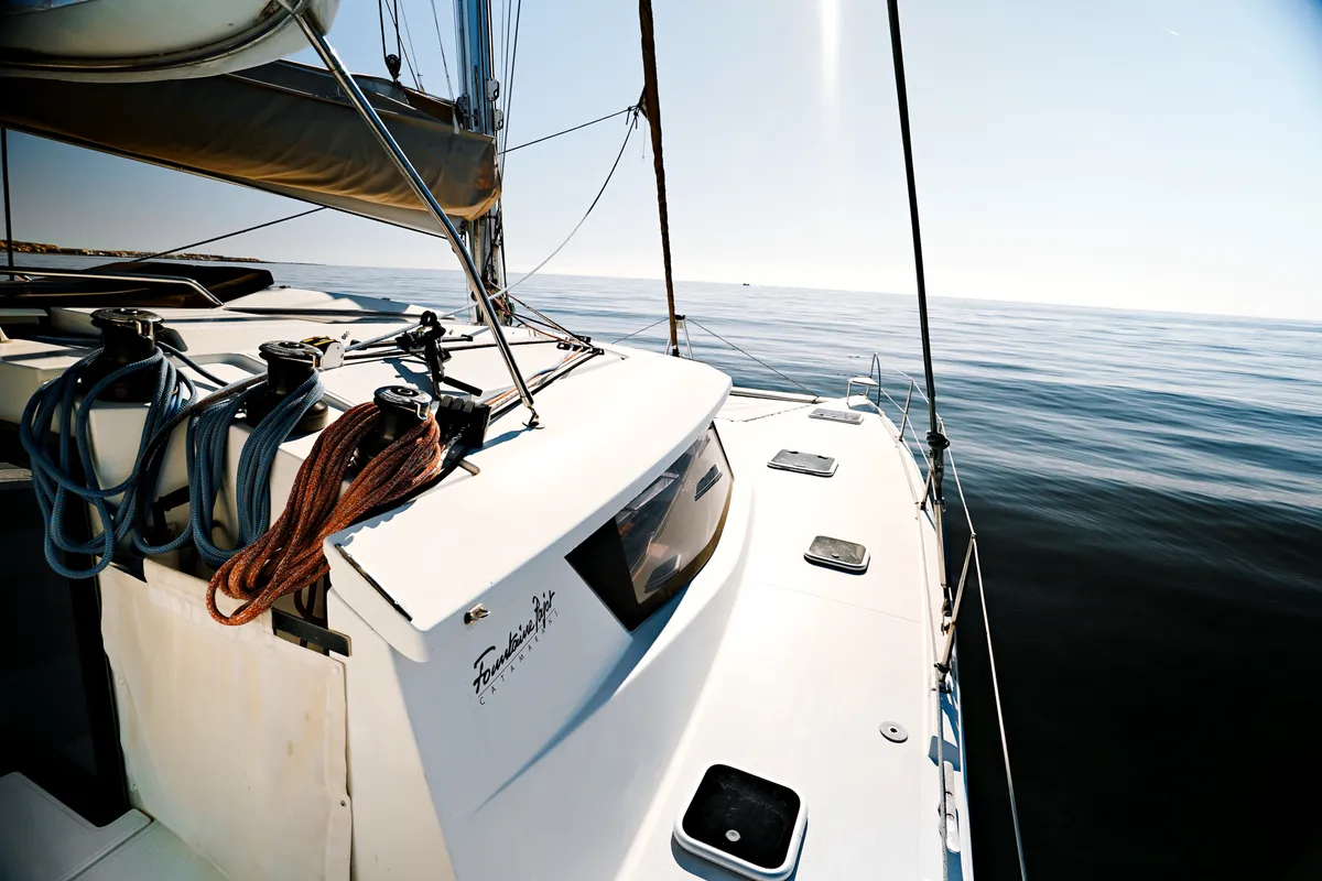 Kyra, a Fountaine Pajot Helia 44 catamaran at Sant Antoni de Portmany, Spain